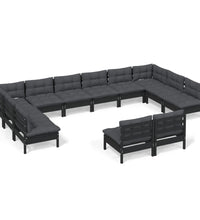 12-tlg. Garten-Lounge-Set mit Kissen Schwarz Kiefer Massivholz