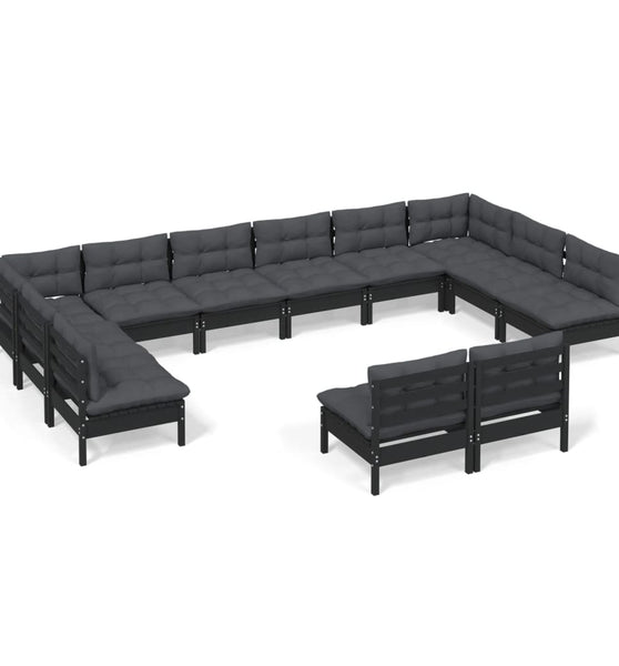 12-tlg. Garten-Lounge-Set mit Kissen Schwarz Kiefer Massivholz