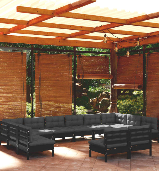 12-tlg. Garten-Lounge-Set mit Kissen Schwarz Kiefer Massivholz