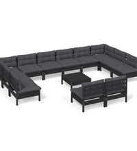 13-tlg. Garten-Lounge-Set mit Kissen Schwarz Kiefer Massivholz