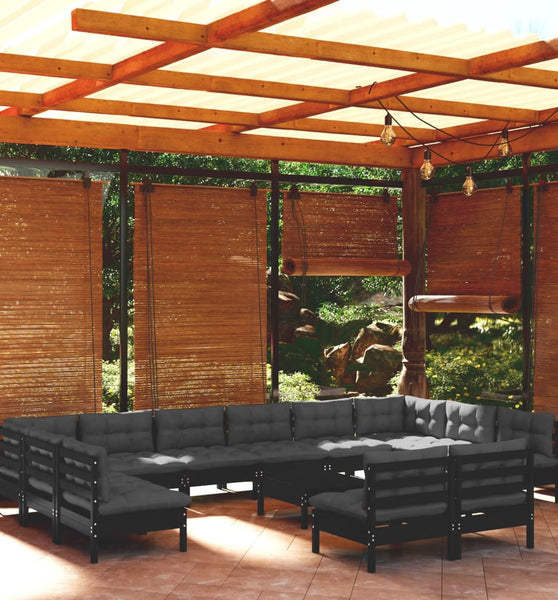 13-tlg. Garten-Lounge-Set mit Kissen Schwarz Kiefer Massivholz