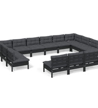 13-tlg. Garten-Lounge-Set mit Kissen Schwarz Kiefer Massivholz