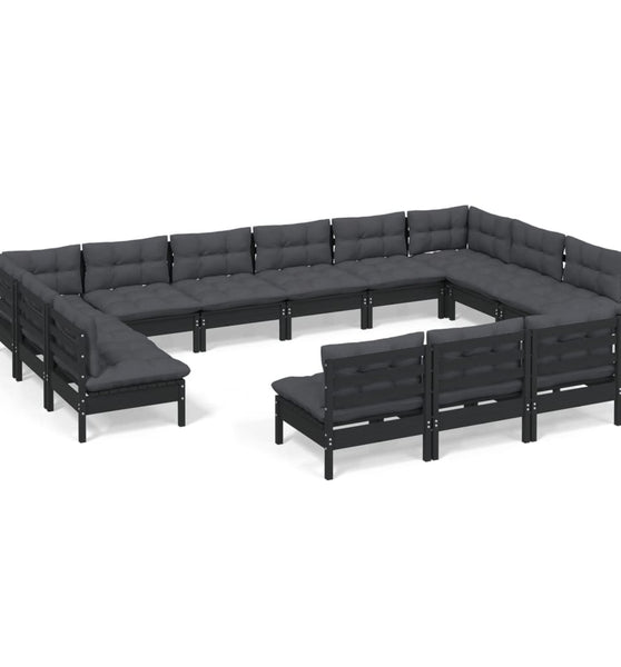 13-tlg. Garten-Lounge-Set mit Kissen Schwarz Kiefer Massivholz