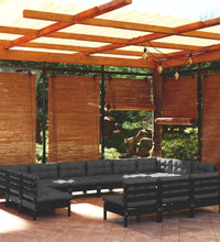 13-tlg. Garten-Lounge-Set mit Kissen Schwarz Kiefer Massivholz