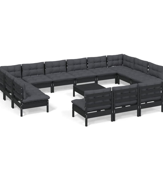 14-tlg. Garten-Lounge-Set mit Kissen Schwarz Massivholz Kiefer