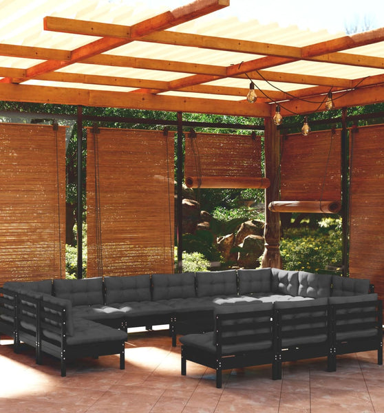 14-tlg. Garten-Lounge-Set mit Kissen Schwarz Massivholz Kiefer