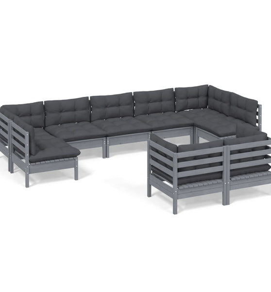 9-tlg. Garten-Lounge-Set mit Kissen Grau Kiefer Massivholz