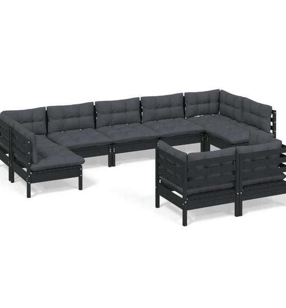 9-tlg. Garten-Lounge-Set mit Kissen Schwarz Kiefer Massivholz