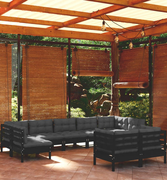 9-tlg. Garten-Lounge-Set mit Kissen Schwarz Kiefer Massivholz