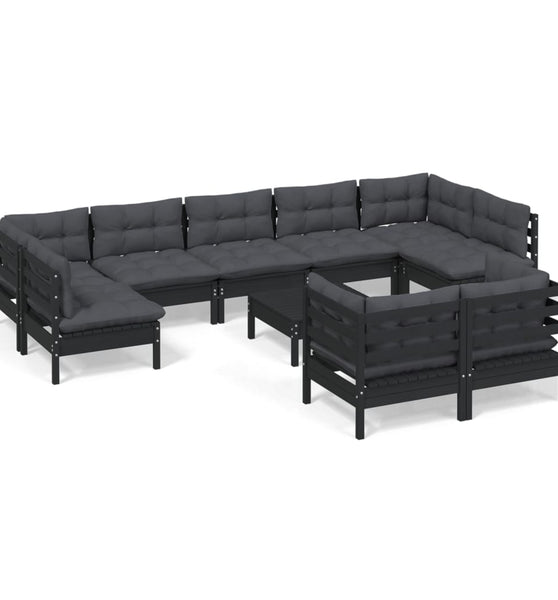 10-tlg. Garten-Lounge-Set mit Kissen Schwarz Massivholz Kiefer