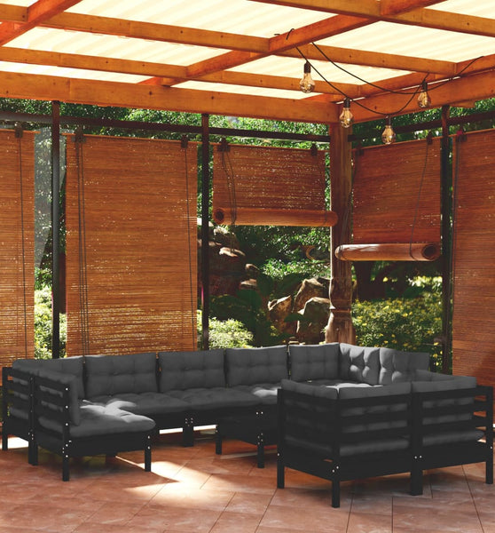 10-tlg. Garten-Lounge-Set mit Kissen Schwarz Massivholz Kiefer