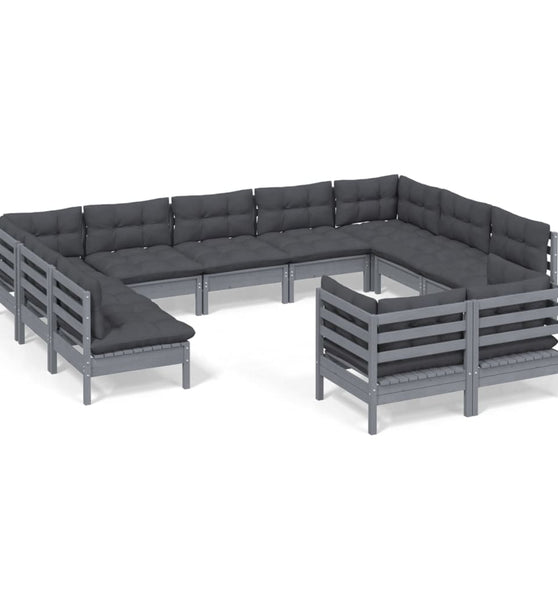 11-tlg. Garten-Lounge-Set mit Kissen Grau Kiefer Massivholz