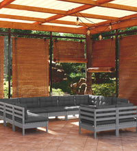 11-tlg. Garten-Lounge-Set mit Kissen Grau Kiefer Massivholz