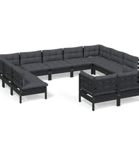 11-tlg. Garten-Lounge-Set mit Kissen Schwarz Massivholz Kiefer