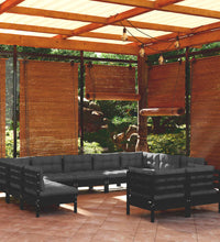 11-tlg. Garten-Lounge-Set mit Kissen Schwarz Massivholz Kiefer