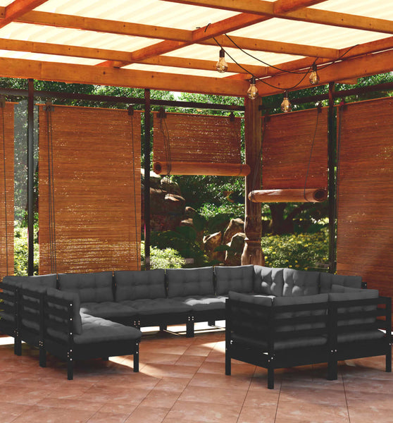 11-tlg. Garten-Lounge-Set mit Kissen Schwarz Massivholz Kiefer