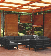 12-tlg. Garten-Lounge-Set mit Kissen Schwarz Massivholz Kiefer