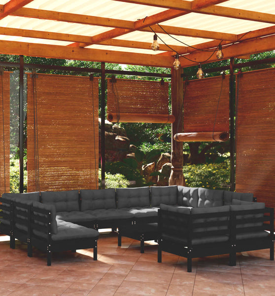 12-tlg. Garten-Lounge-Set mit Kissen Schwarz Massivholz Kiefer