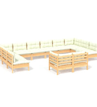 12-tlg. Garten-Lounge-Set mit Creme Kissen Massivholz Kiefer