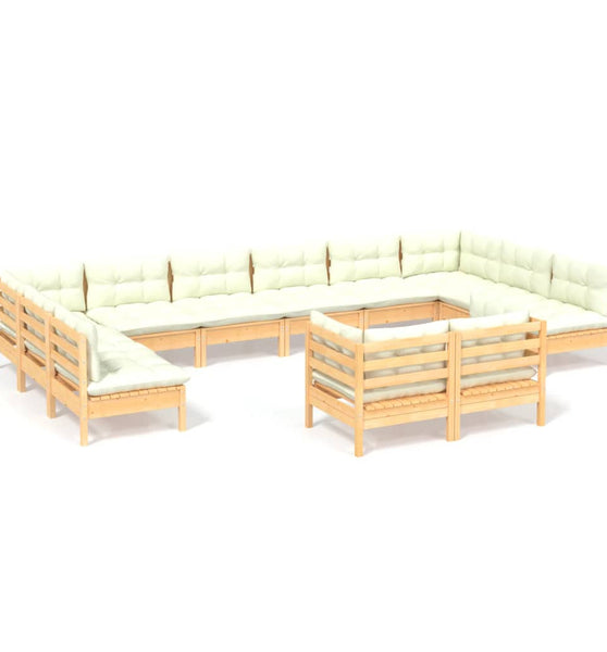 12-tlg. Garten-Lounge-Set mit Creme Kissen Massivholz Kiefer