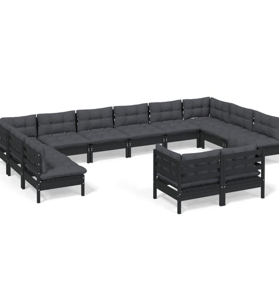 12-tlg. Garten-Lounge-Set mit Kissen Schwarz Kiefer Massivholz