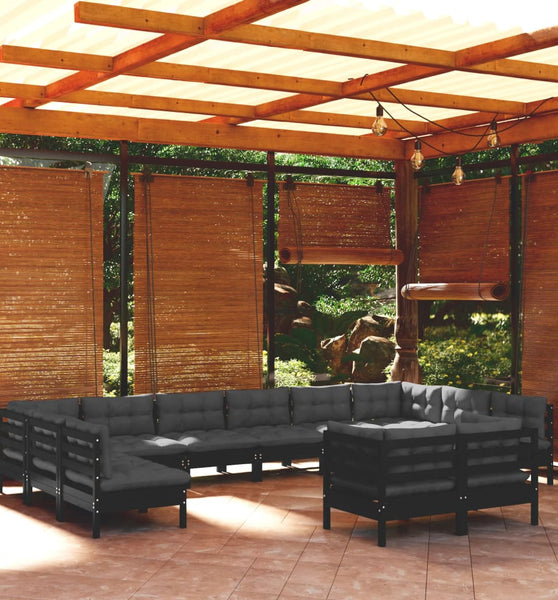 12-tlg. Garten-Lounge-Set mit Kissen Schwarz Kiefer Massivholz