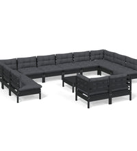 13-tlg. Garten-Lounge-Set mit Kissen Schwarz Kiefernholz