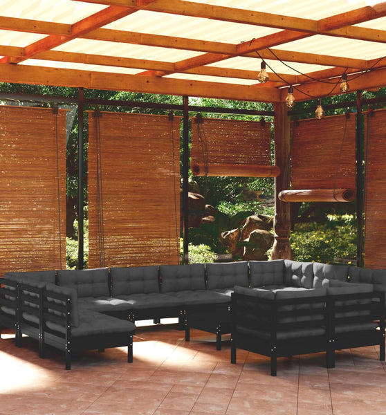 13-tlg. Garten-Lounge-Set mit Kissen Schwarz Kiefernholz