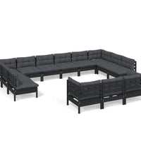 13-tlg. Garten-Lounge-Set mit Kissen Schwarz Kiefernholz