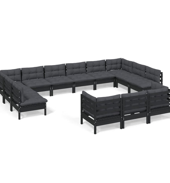 13-tlg. Garten-Lounge-Set mit Kissen Schwarz Kiefernholz