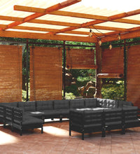 13-tlg. Garten-Lounge-Set mit Kissen Schwarz Kiefernholz