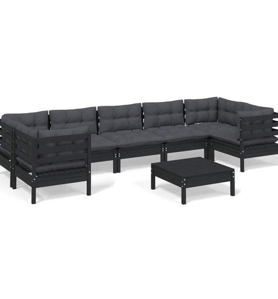 8-tlg. Garten-Lounge-Set mit Kissen Schwarz Kiefernholz