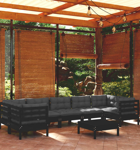 8-tlg. Garten-Lounge-Set mit Kissen Schwarz Kiefernholz