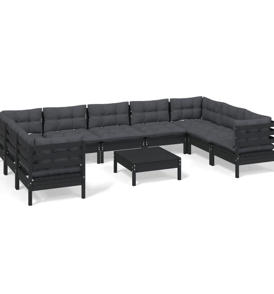 10-tlg. Garten-Lounge-Set mit Kissen Schwarz Kiefernholz