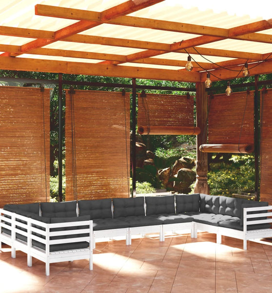 10-tlg. Garten-Lounge-Set mit Kissen Weiß Kiefernholz