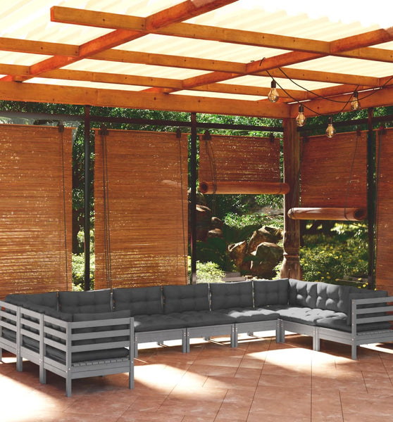 10-tlg. Garten-Lounge-Set mit Kissen Grau Kiefernholz