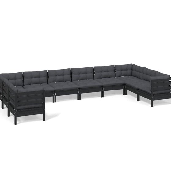 10-tlg. Garten-Lounge-Set mit Kissen Schwarz Kiefernholz