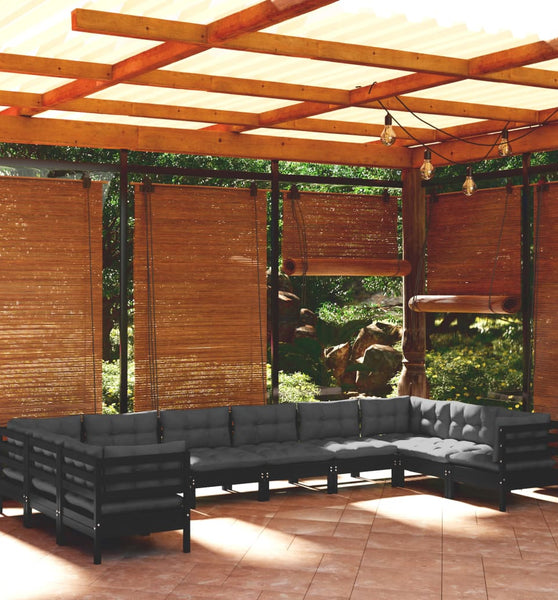 10-tlg. Garten-Lounge-Set mit Kissen Schwarz Kiefernholz