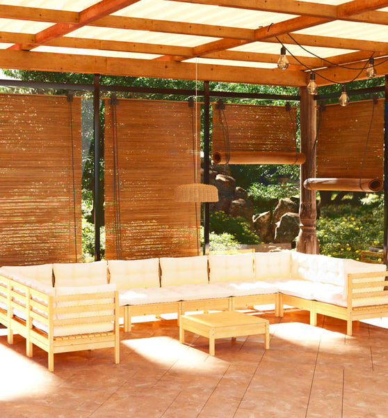 11-tlg. Garten-Lounge-Set mit Creme Kissen Kiefernholz