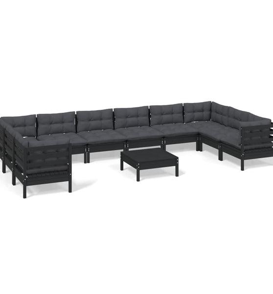 11-tlg. Garten-Lounge-Set mit Kissen Schwarz Kiefernholz