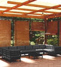 11-tlg. Garten-Lounge-Set mit Kissen Schwarz Kiefernholz