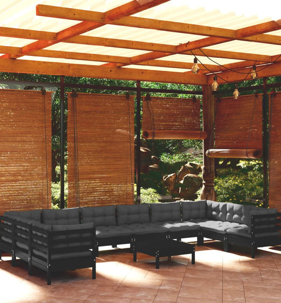 11-tlg. Garten-Lounge-Set mit Kissen Schwarz Kiefernholz