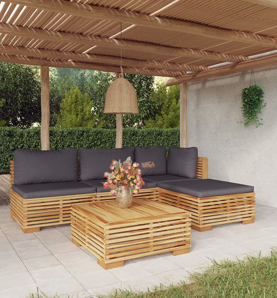 5-tlg. Garten-Lounge-Set mit Kissen Massivholz Teak