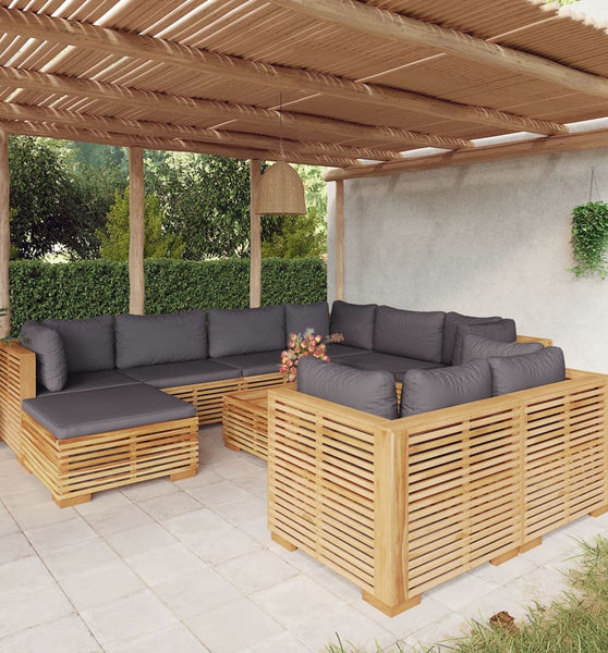 10-tlg. Garten-Lounge-Set mit Kissen Massivholz Teak