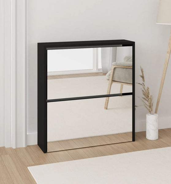 Schuhschrank mit Spiegel 2 Fächer Schwarz 63x17x67 cm