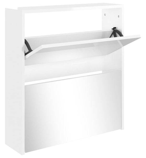 Schuhschrank mit Spiegel 2 Fächer Hochglanz-Weiß 63x17x67 cm