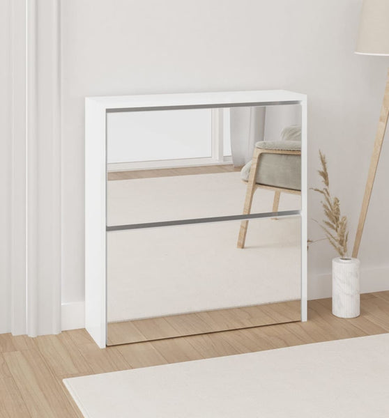 Schuhschrank mit Spiegel 2 Fächer Hochglanz-Weiß 63x17x67 cm