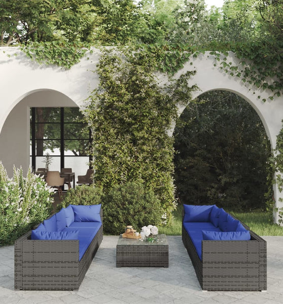 9-tlg. Garten-Lounge-Set mit Kissen Poly Rattan Grau