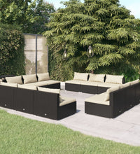 12-tlg. Garten-Lounge-Set mit Kissen Poly Rattan Schwarz