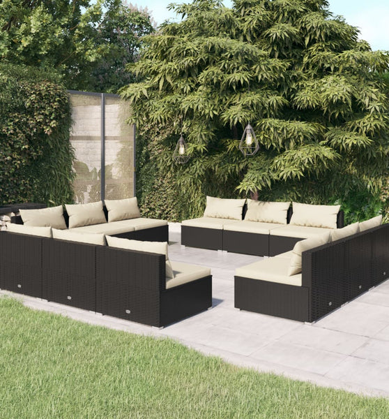 12-tlg. Garten-Lounge-Set mit Kissen Poly Rattan Schwarz